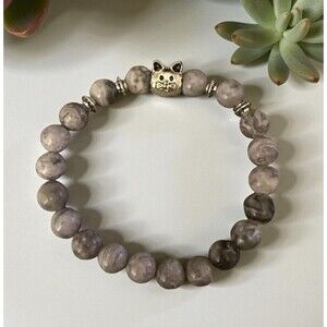 Beaded Cat Bracelet - Grey Marbled Stone - Cat Mom - Stretch Stackable